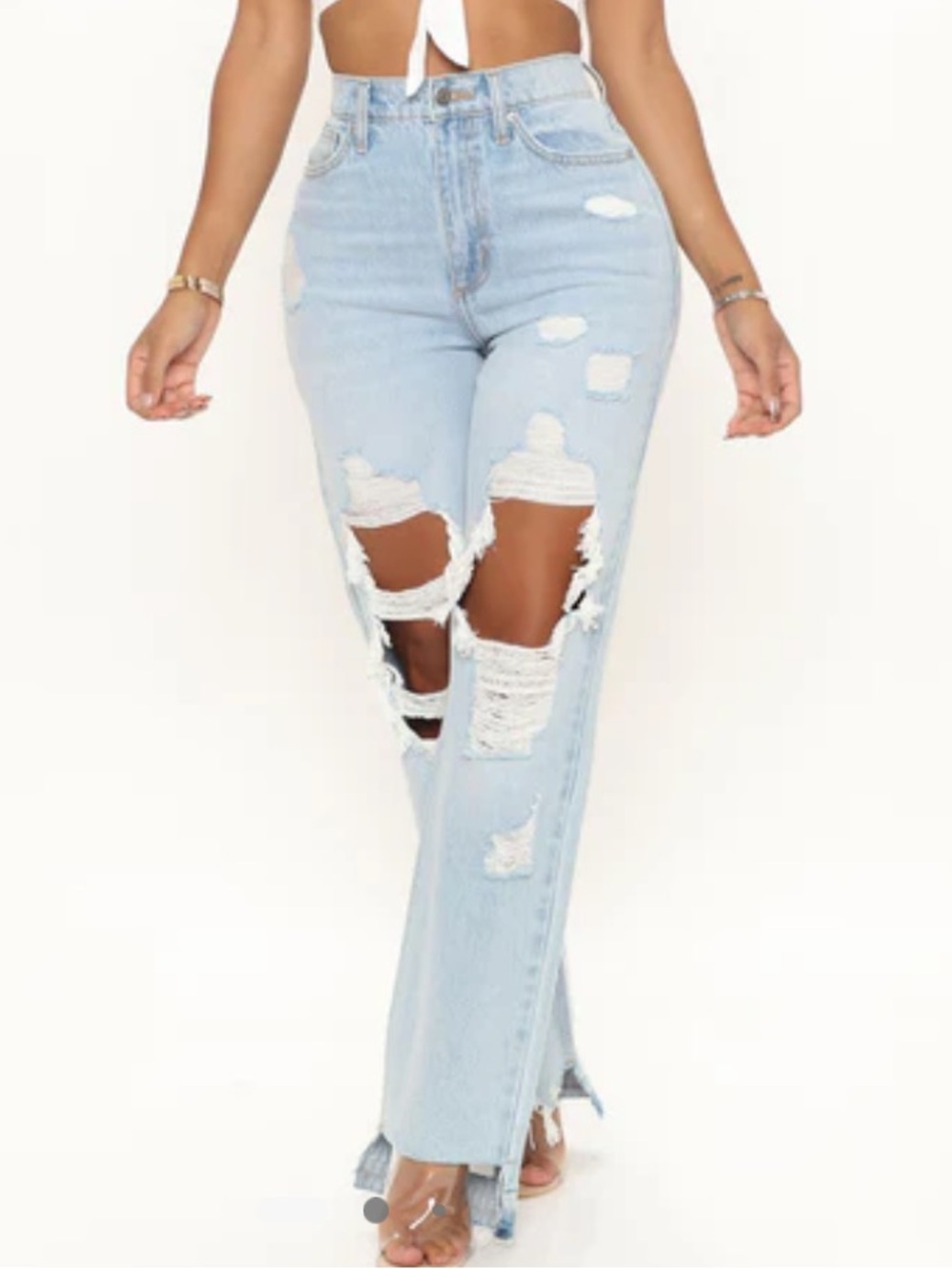 Amsterdam Ripped Straight Leg Jeans - Light Blue Wash - Picture 2 of 7